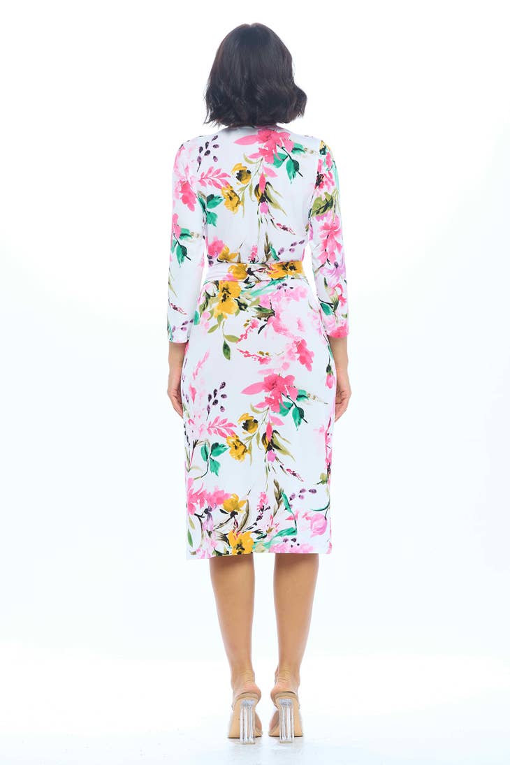 Floral Print V Neck Wrap Dress - White