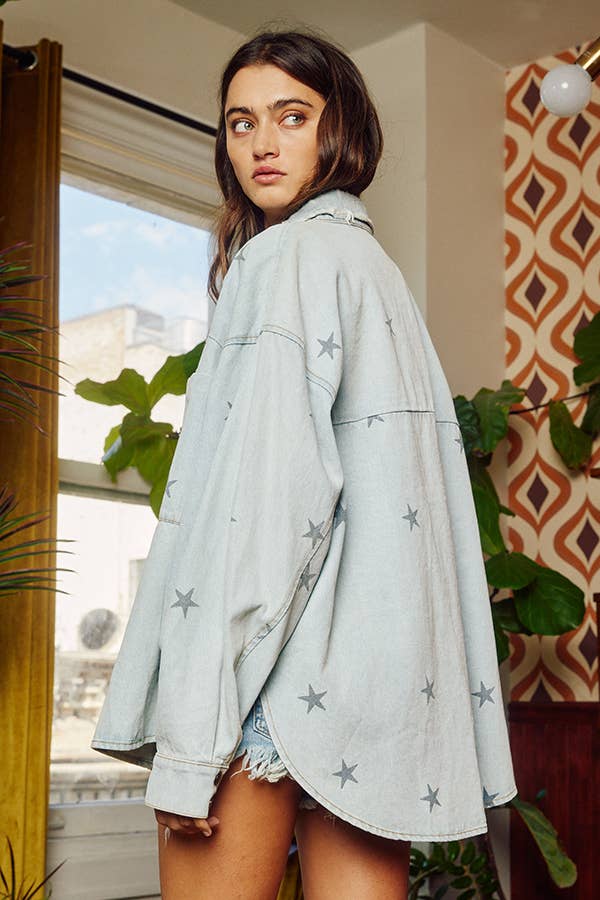Star Print Washed Denim Shacket
