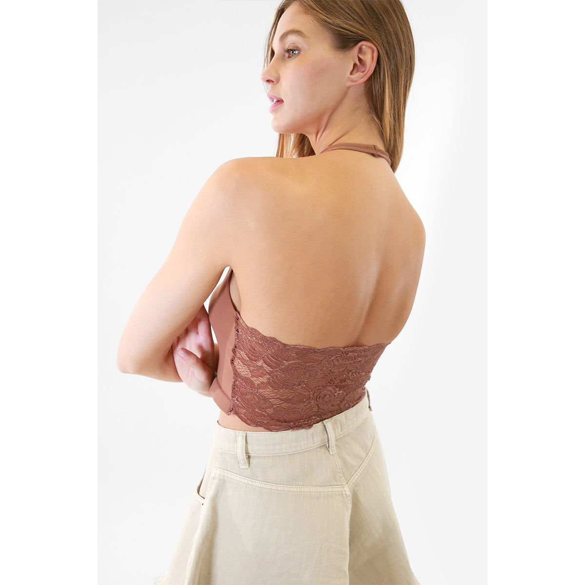 Lace Back Halter Crop Top - Cognac
