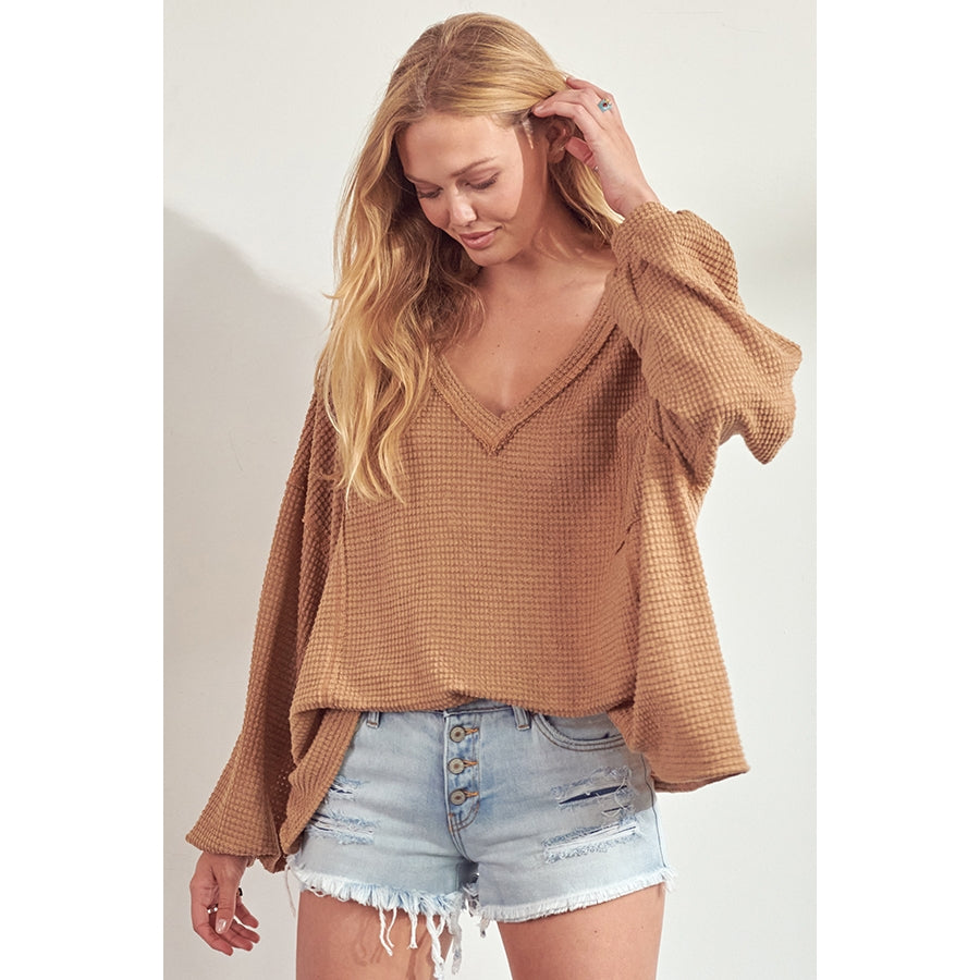 Popcorn Knit V Top - Camel