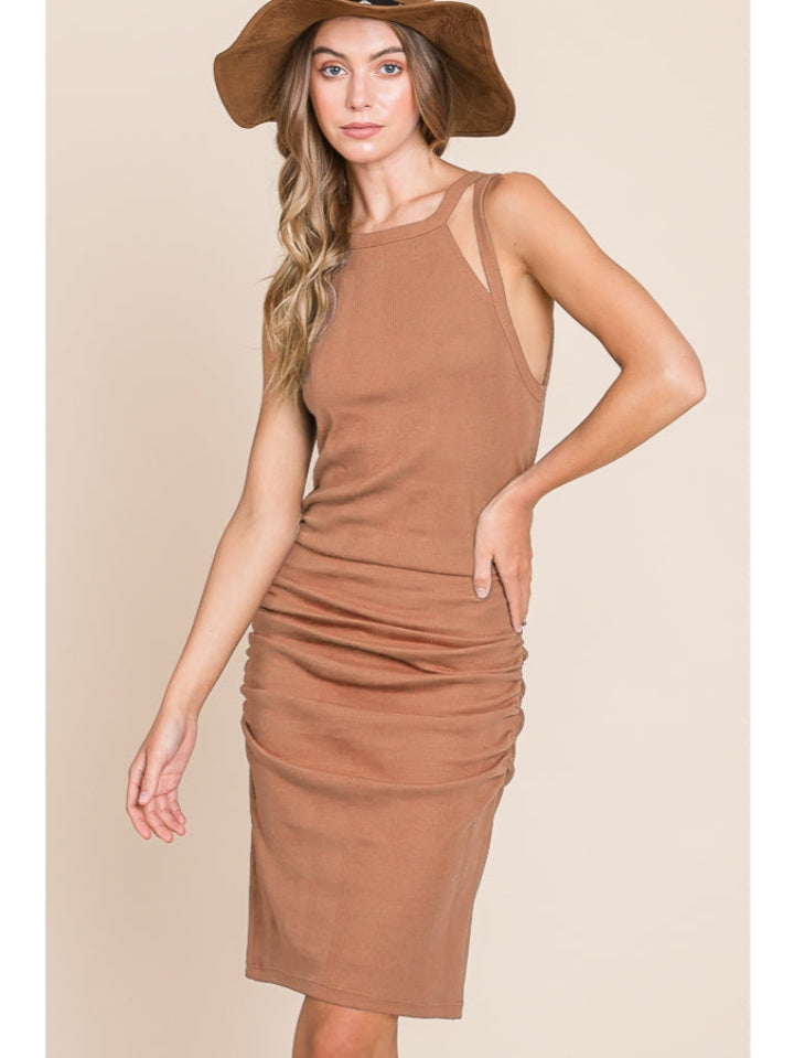 Cut-out Shoulder Dress - Camel