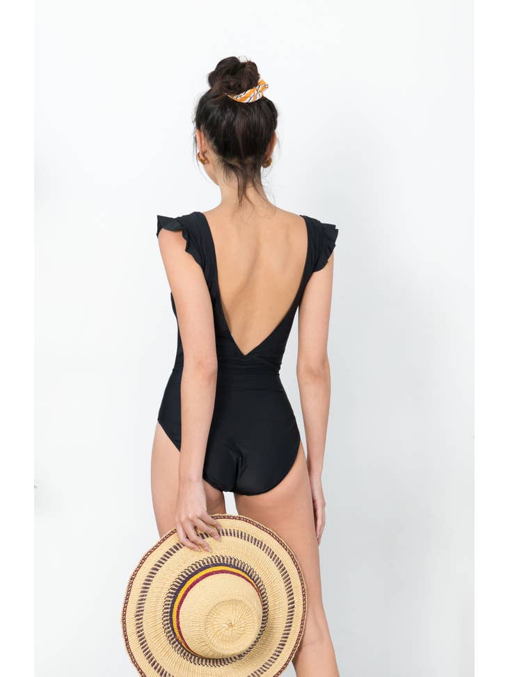 Low V Neck Ruffle Swimsuit - Black