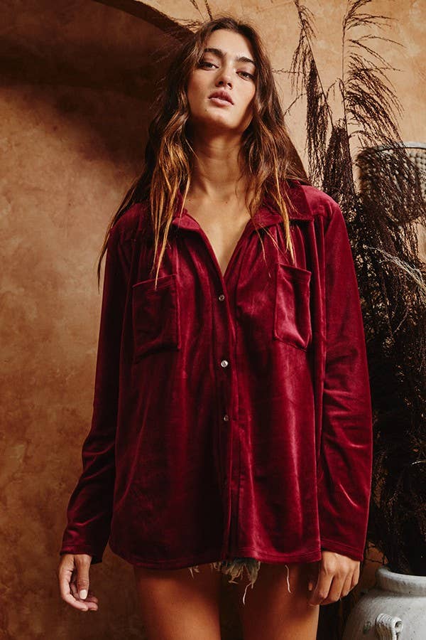 Loose Fit Stretched Velvet Shirt - Burgundy