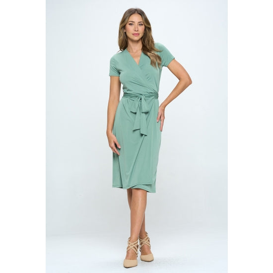 V Neck Wrap Dress with Tie - Sage