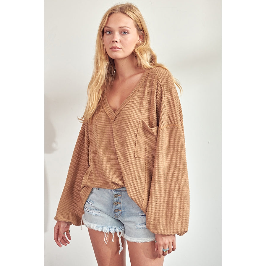 Popcorn Knit V Top - Camel