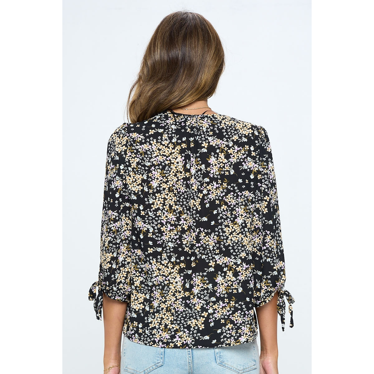Floral Print Top with Self Tie Sleeves - Black