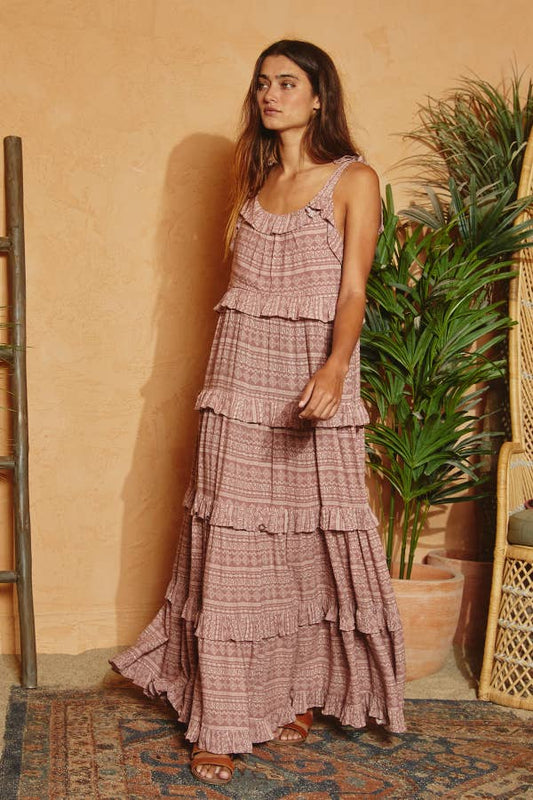Aztec Print Tiered Maxi Dress - Dusty Mauve