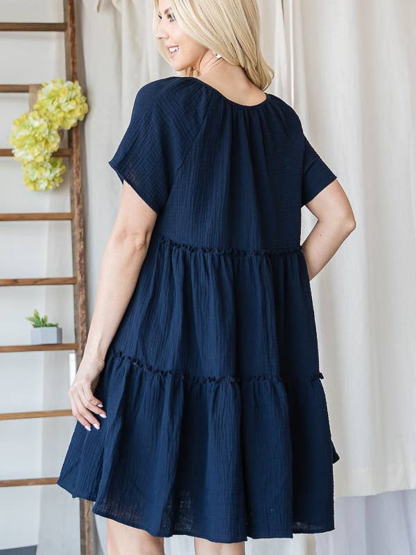 Fringe String Short Sleeve Dress- Navy - Final Sale