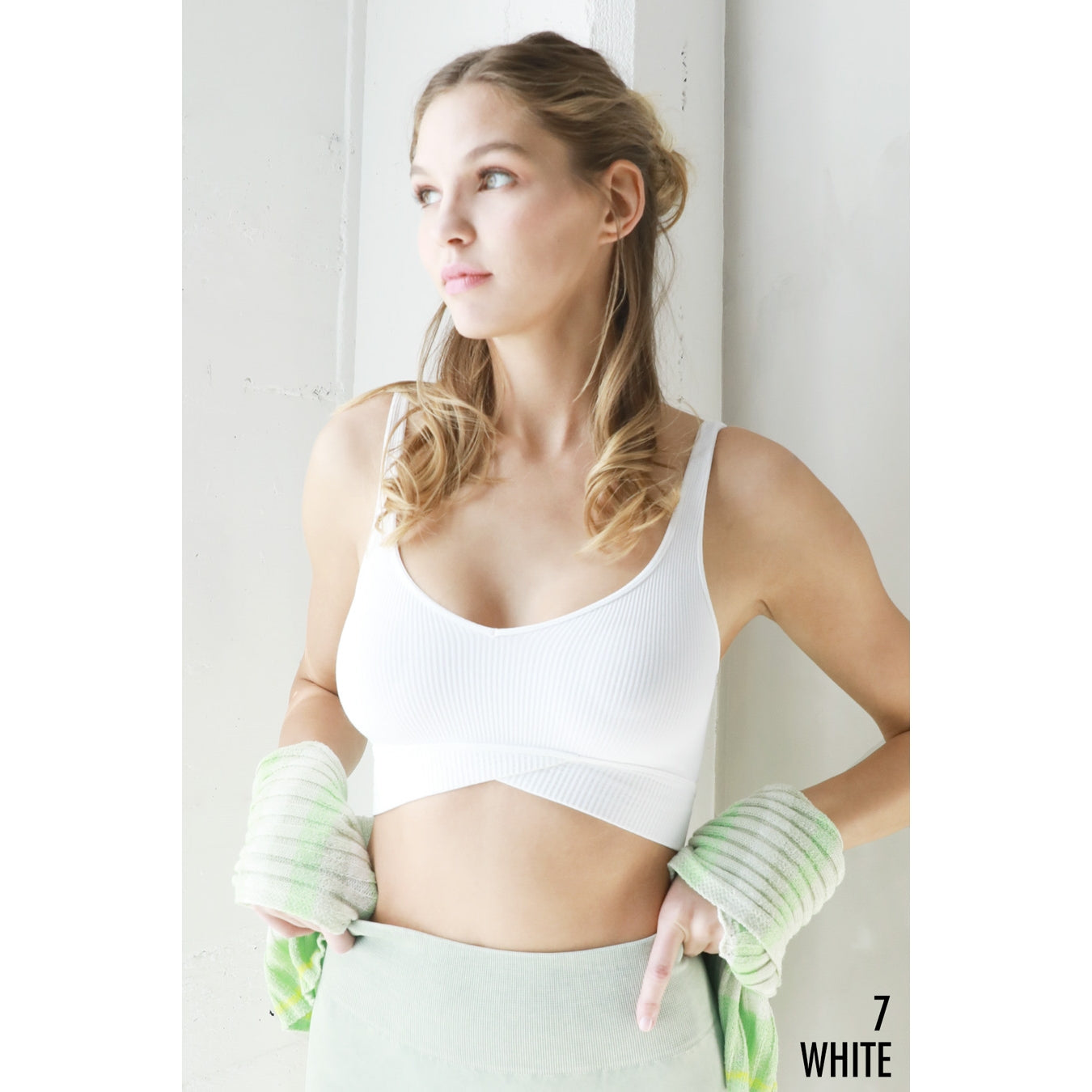 Ribbed Crossover Bra - White