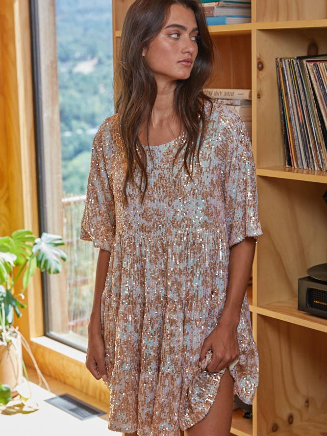 Sequins Baby Doll Dress - Rose Gold Light Blue