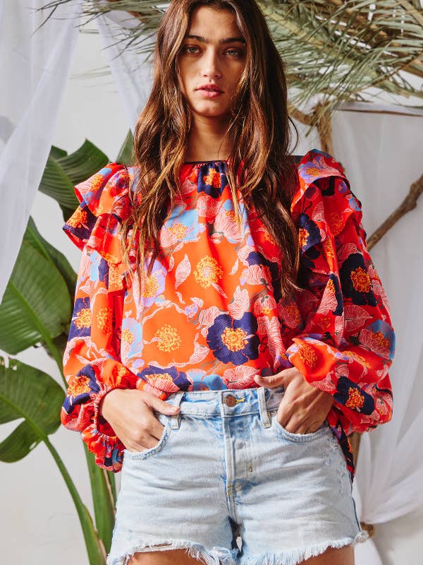 Ruffled Shoulder Floral Blouse - Red