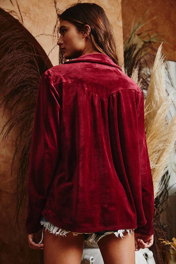 Loose Fit Stretched Velvet Shirt - Burgundy