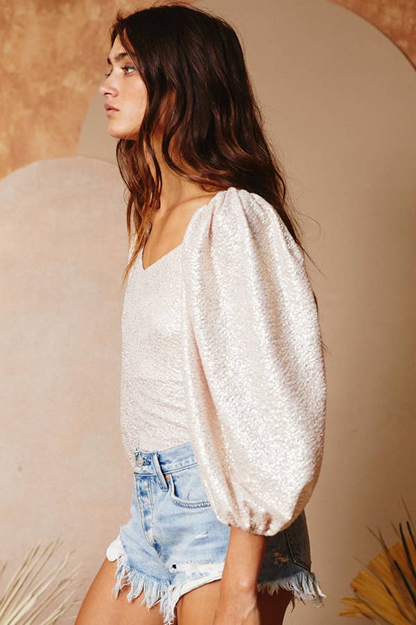 Lantern Sleeve Bodysuit - Champagne Glitter