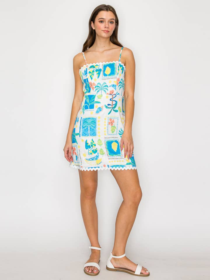 Retro Palm Tree Mini Dress - Blue