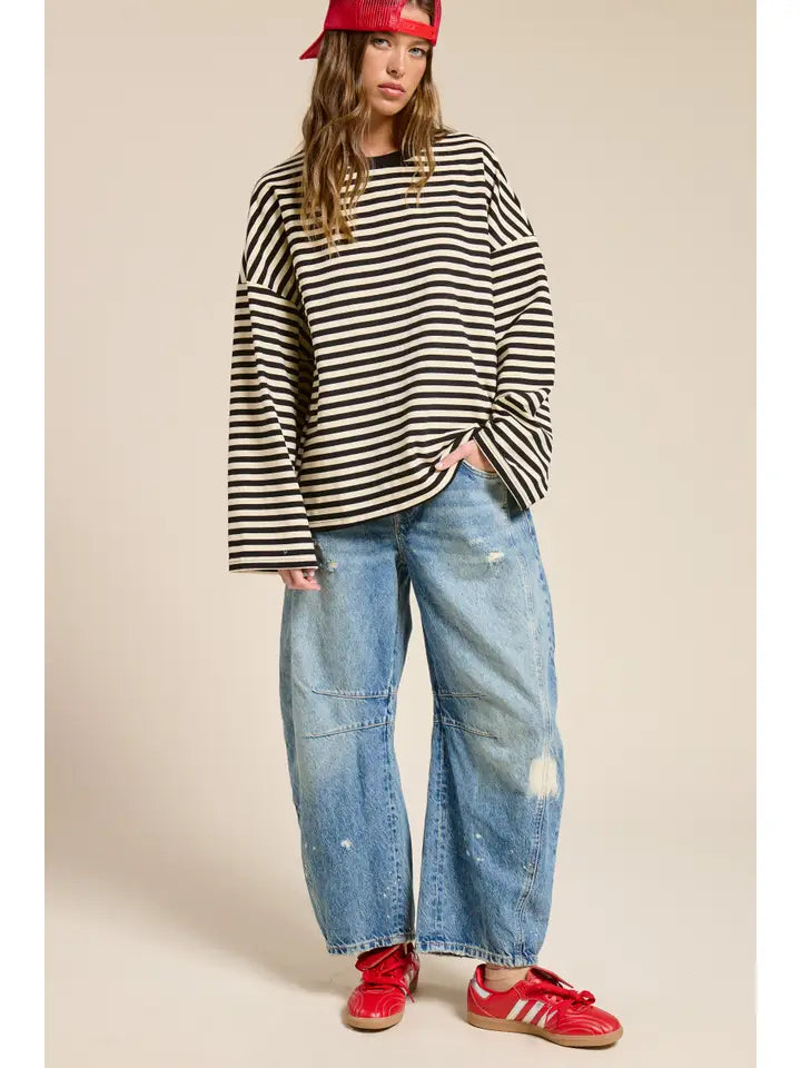 Striped Oversized Long Sleeve Top - Black