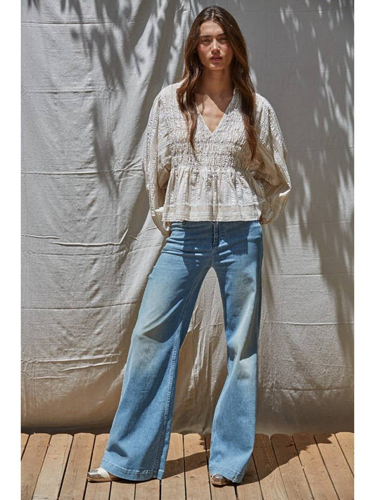 Woven Smocked Top - Ivory Taupe
