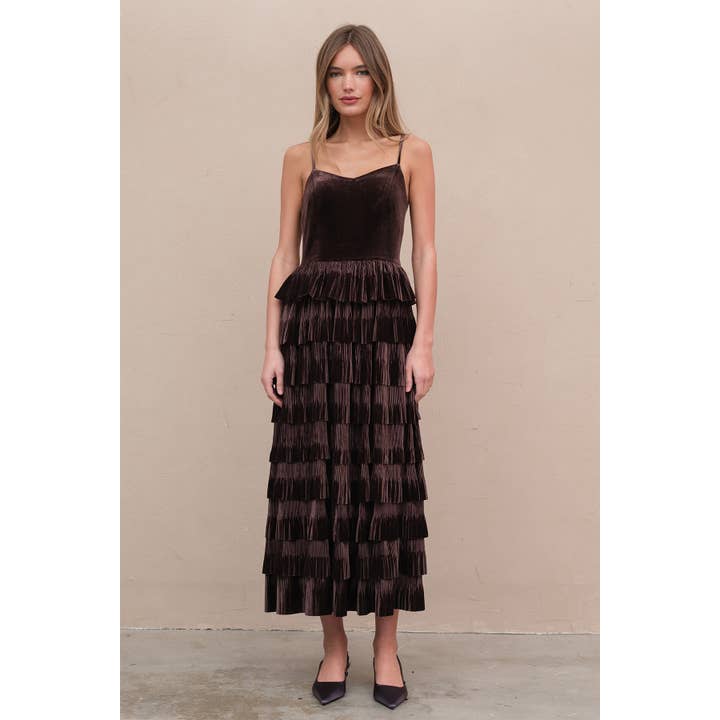 Velvet Tiered Midi Dress - Brown