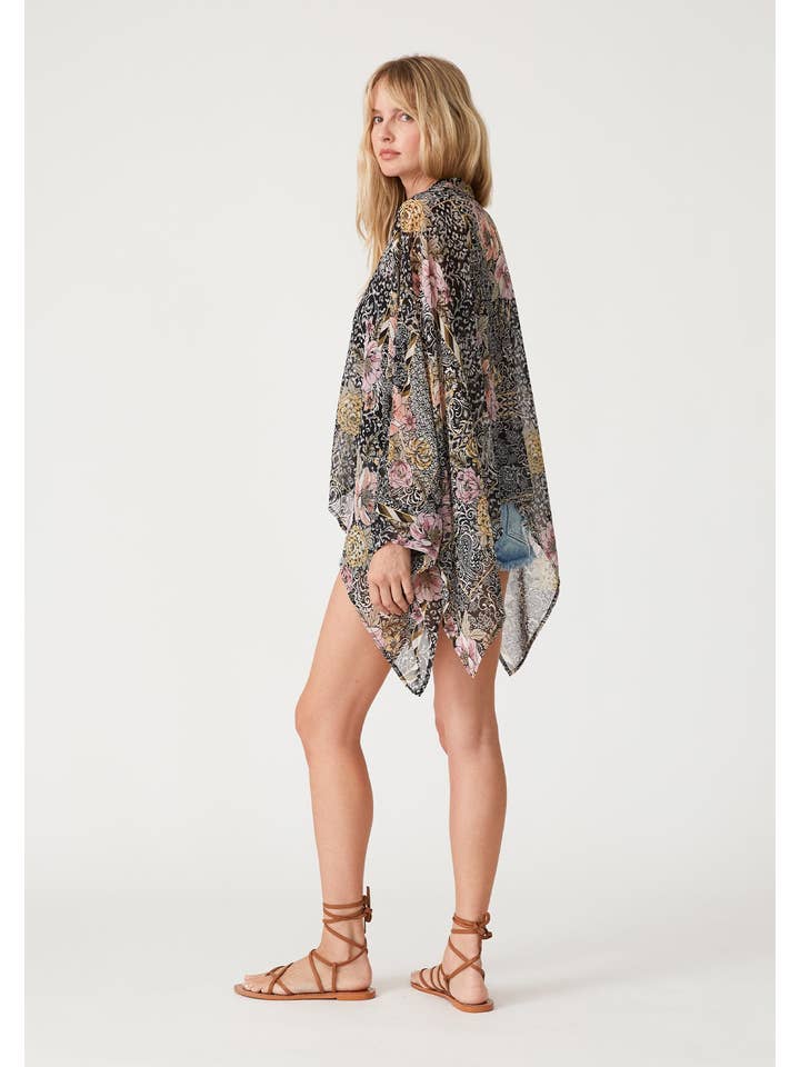 Asymmetrical Floral Blouse - Black/Dusty Peach