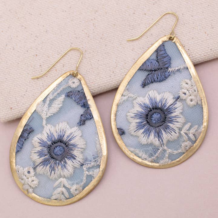 Embroidered Earrings - Light Blue Floral