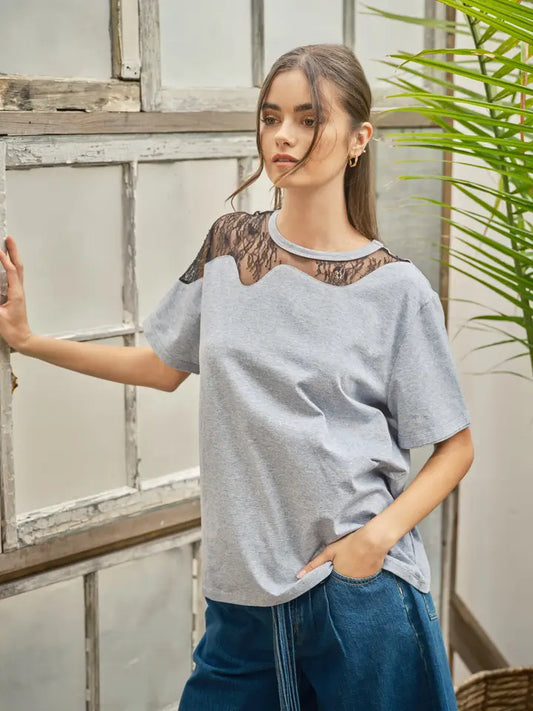 Lace Insert Tee - Grey