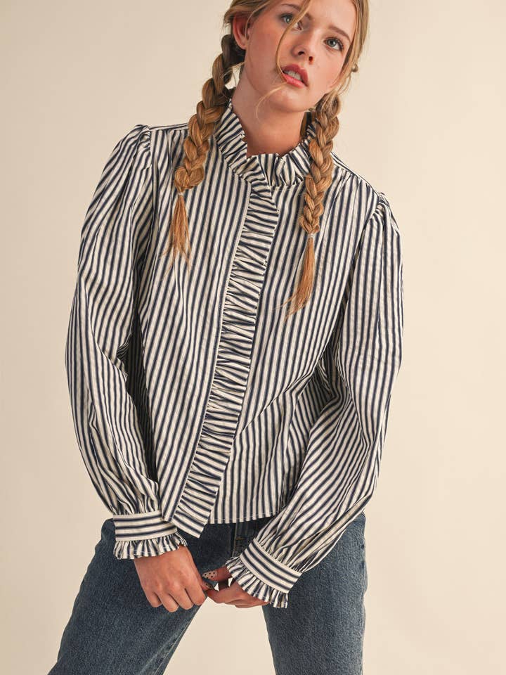 Striped Ruffle Long Sleeve Button Down - Dark Denim