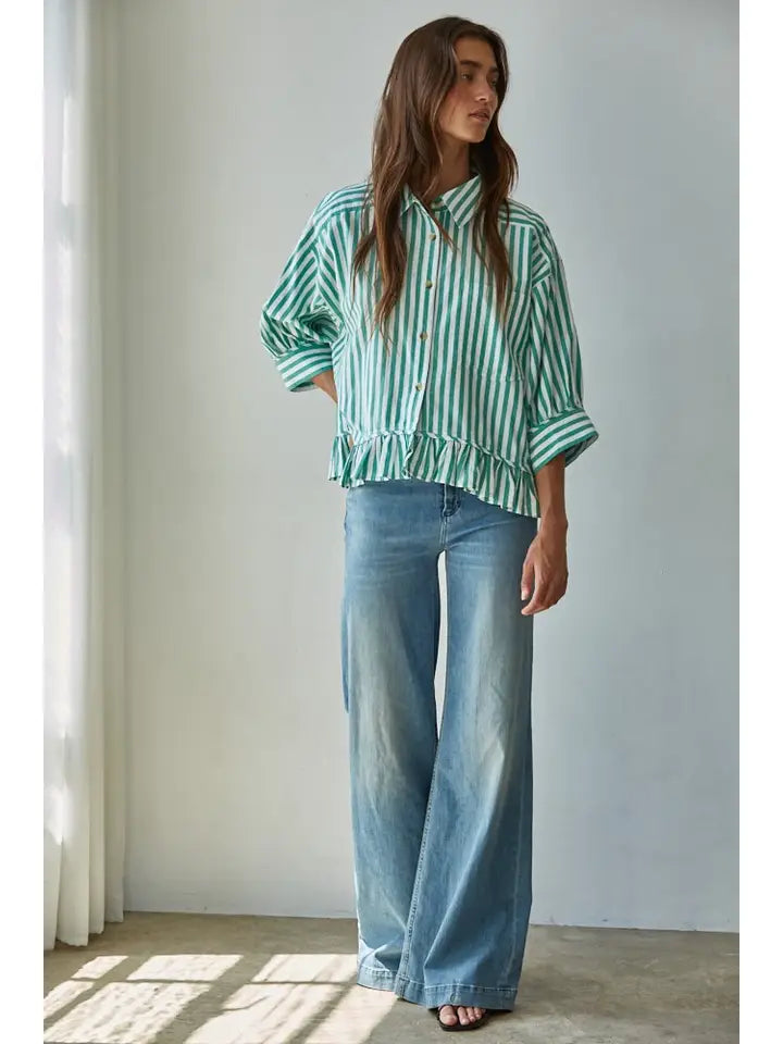 Ruffle Hem Button Down - Ivory/Green