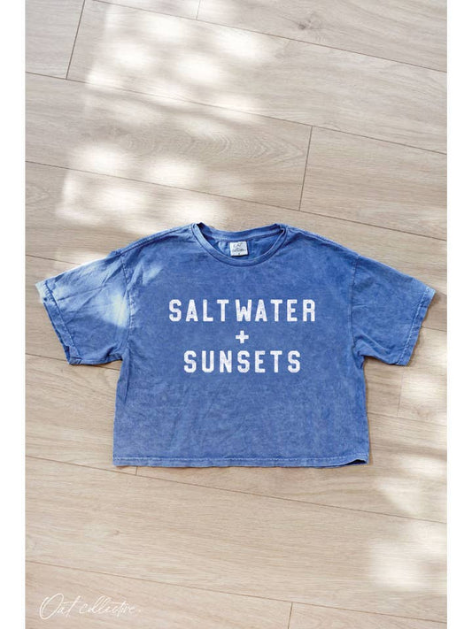 Salt Water + Sunsets Cropped Tee - Denim Blue