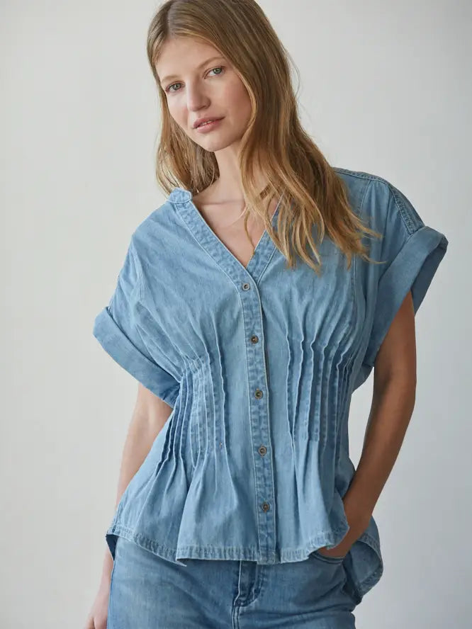 Pleated Button Down Top - Light Denim