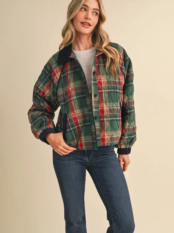 Plaid Quilted Jacket - Green Navy Plaid