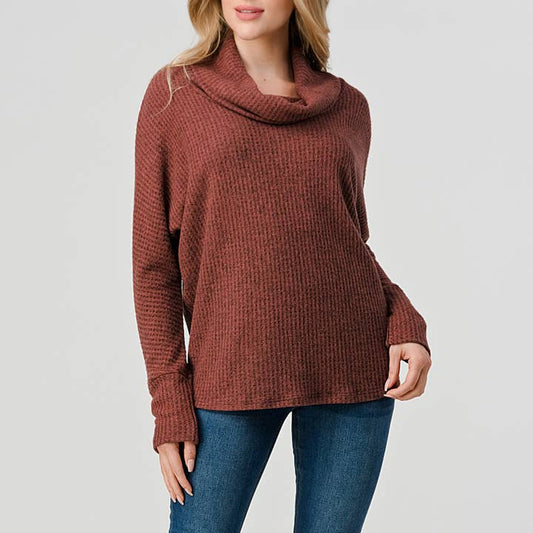 Brushed Knit Cowl Neck Tunic Top - Mahogany