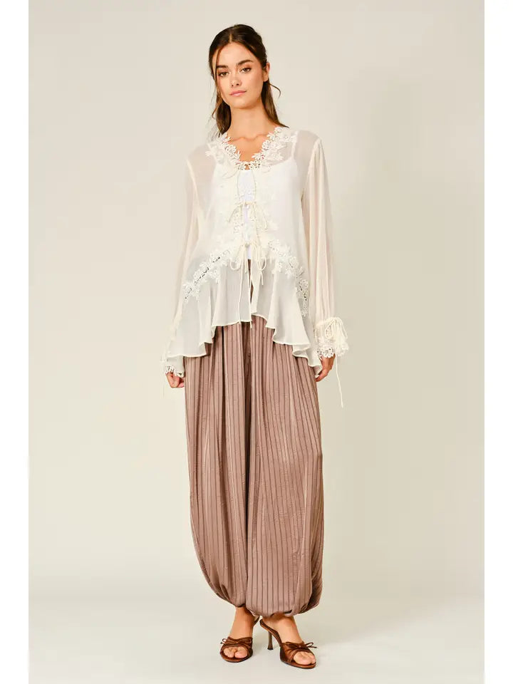 Sheer Lace Ruffle Cardigan Blouse Top - Cream
