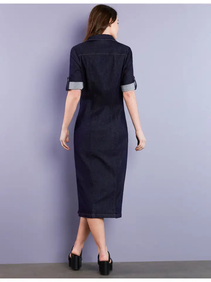Denim Midi Shirtdress - Dark Indigo
