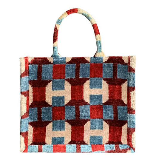 Silk Velvet Ikat Large Tote Bag - Red and Blue Geo