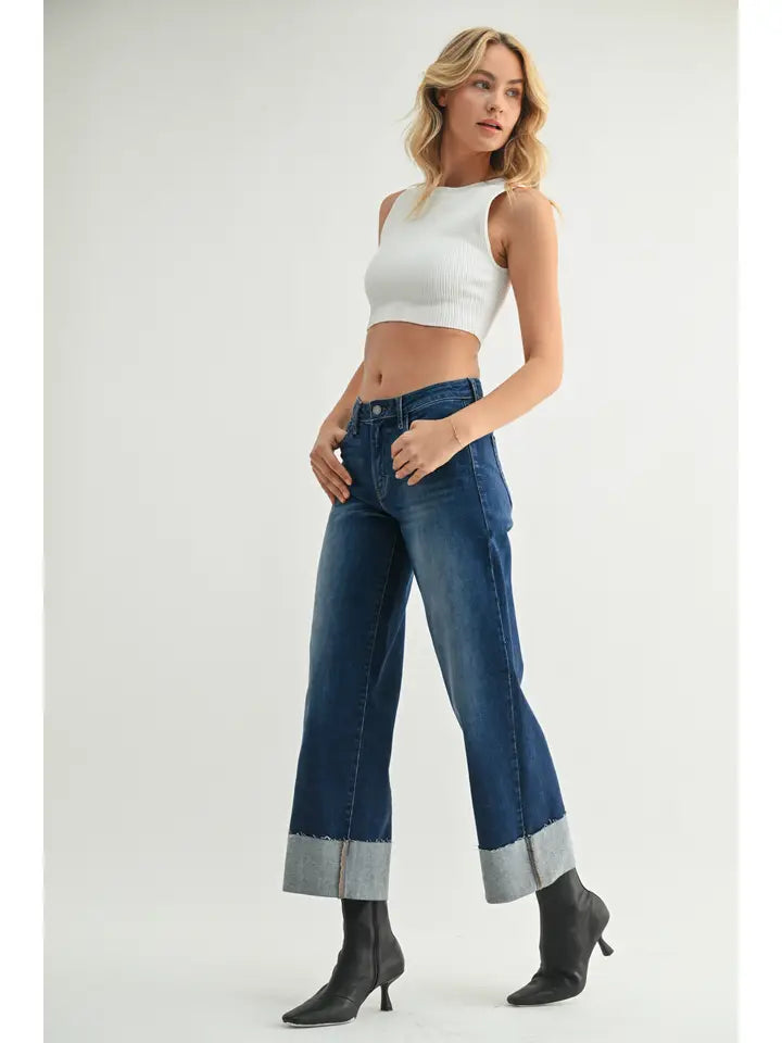 Scissor Cut Cuffed Wide Leg - Dark Denim