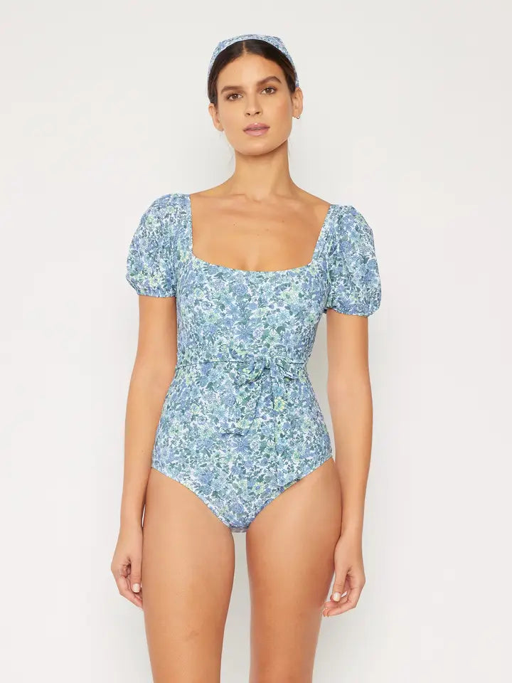 Puff Sleeve Swimsuit - Small Flowers Blue