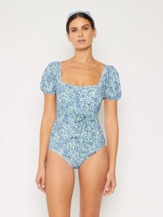 Puff Sleeve Swimsuit - Small Flowers Blue