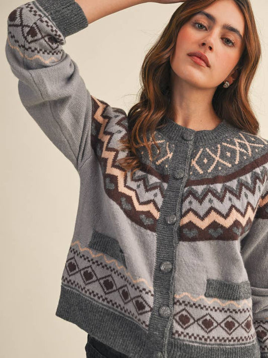Fair Isle Heart Cardigan - Grey Brown