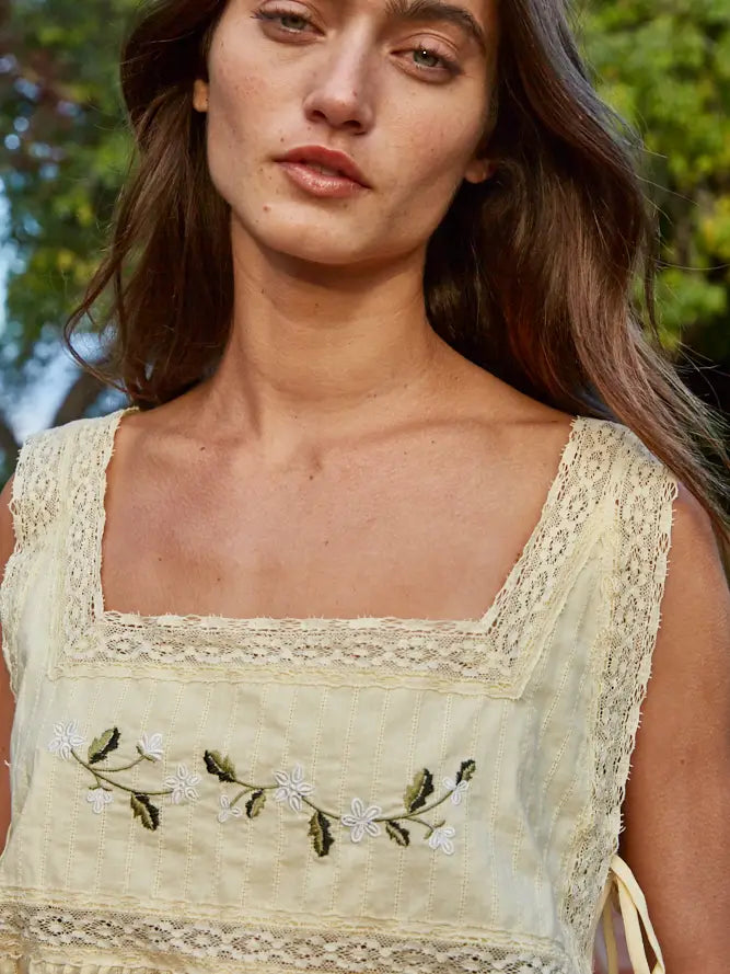Floral Embroidery Square Neck Top - Light Yellow