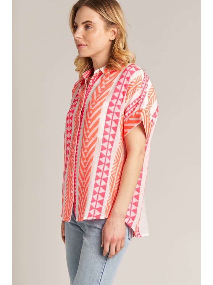 Short Sleeve Embroidered Button Down - White, Pink, Orange