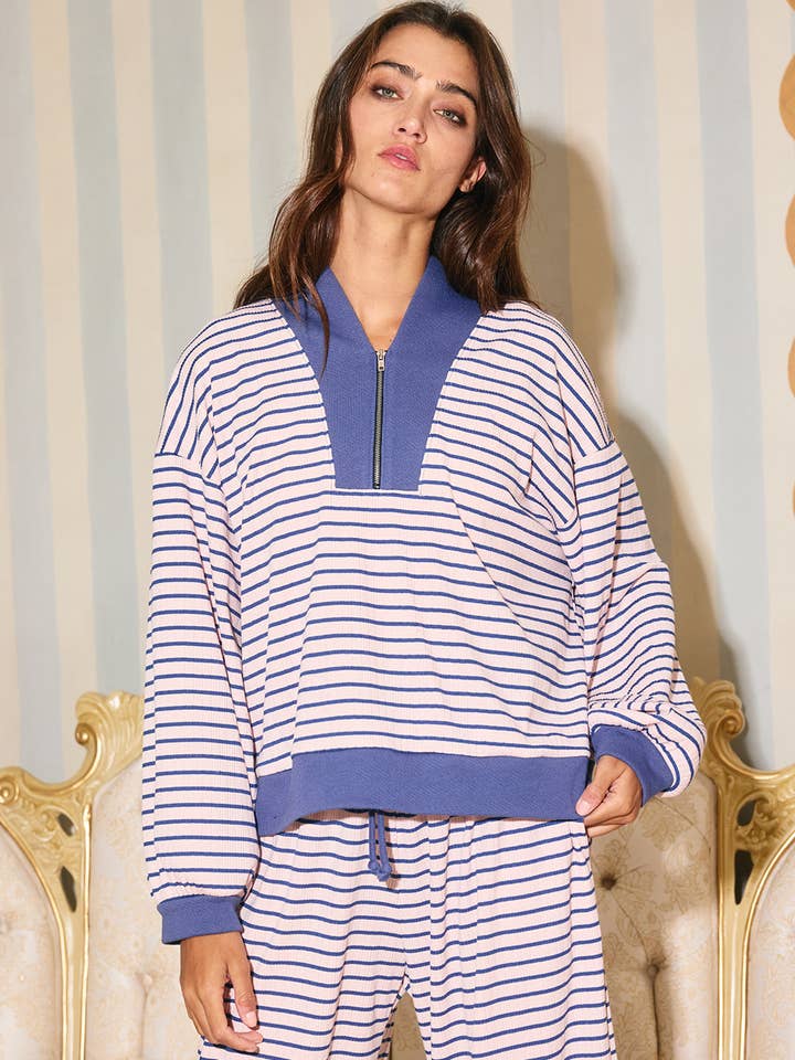 Half Zip Stripe Pullover - Pink/Denim