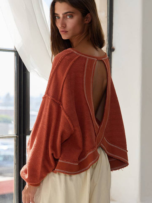 Overlap Open Back Long Sleeve Top - Rust