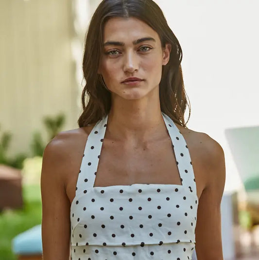 Polka Dot Sleeveless Halter Top - Ivory/Brown