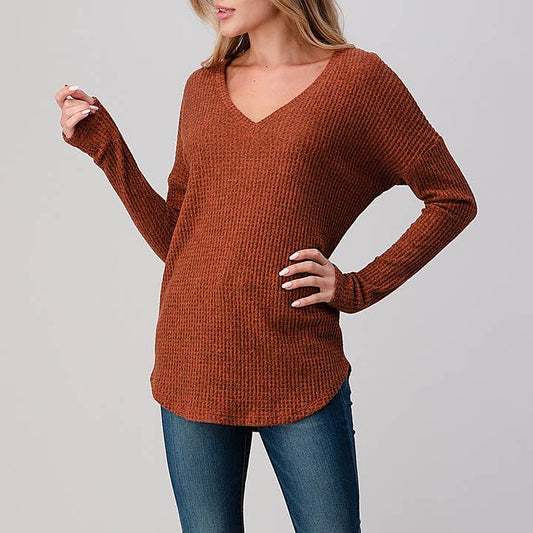 V-Neck Brushed Knit Top - Rust