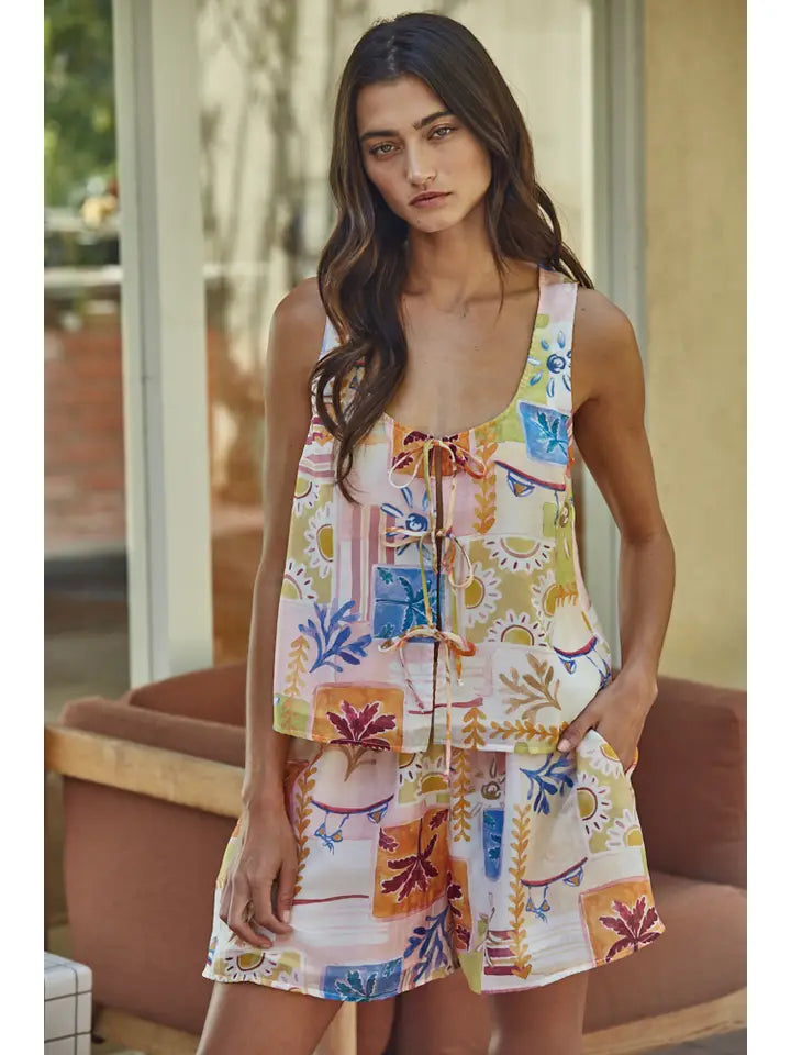 Open Tie Front Top - Ivory Multi