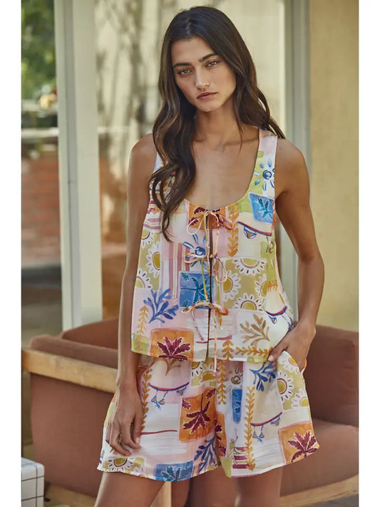 Open Tie Front Top - Ivory Multi