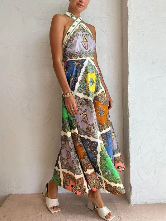 Satin Folk Midi Dress - Multi