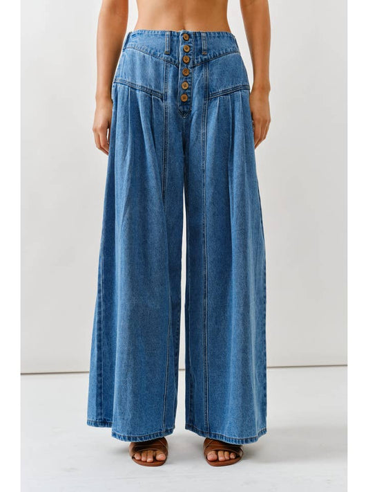 Front Button Down Flare Jeans - Medium Wash
