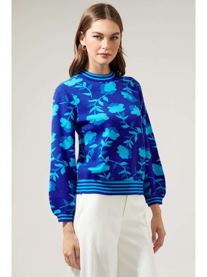 Camellia Cosmo Mock Neck Sweater - Blue Floral