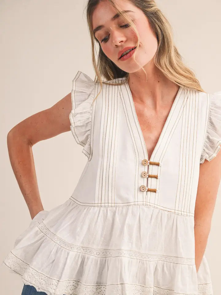 Mixed Media Contrast Stitch Top - White
