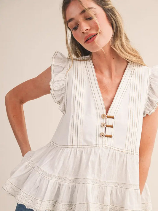 Mixed Media Contrast Stitch Top - White